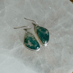Moss Agate Sterling Silver Drop Earrings – Earthy Green Cabochons