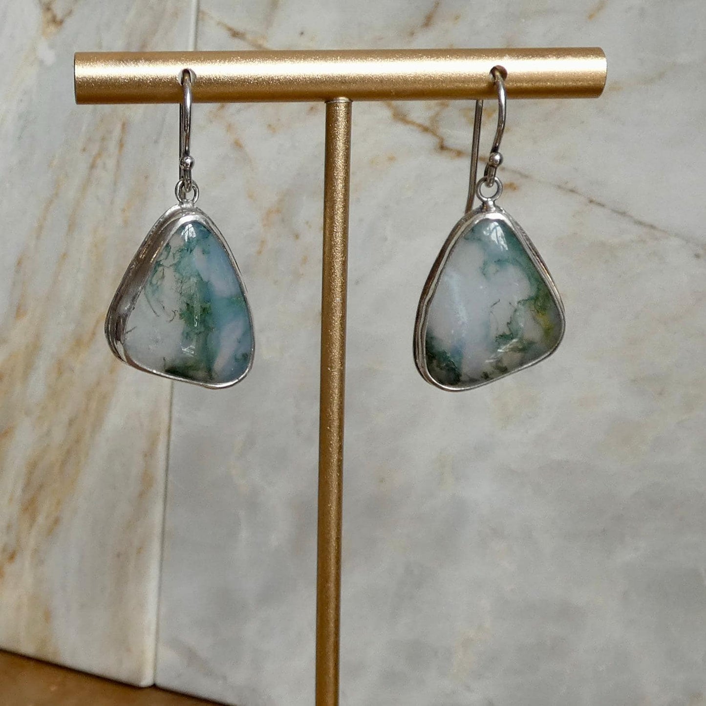 Moss Agate Sterling Silver Drop Earrings – Natural Gemstone Bezel Setting