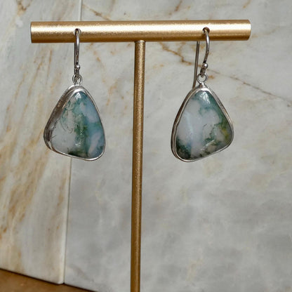 Moss Agate Sterling Silver Drop Earrings – Natural Gemstone Bezel Setting