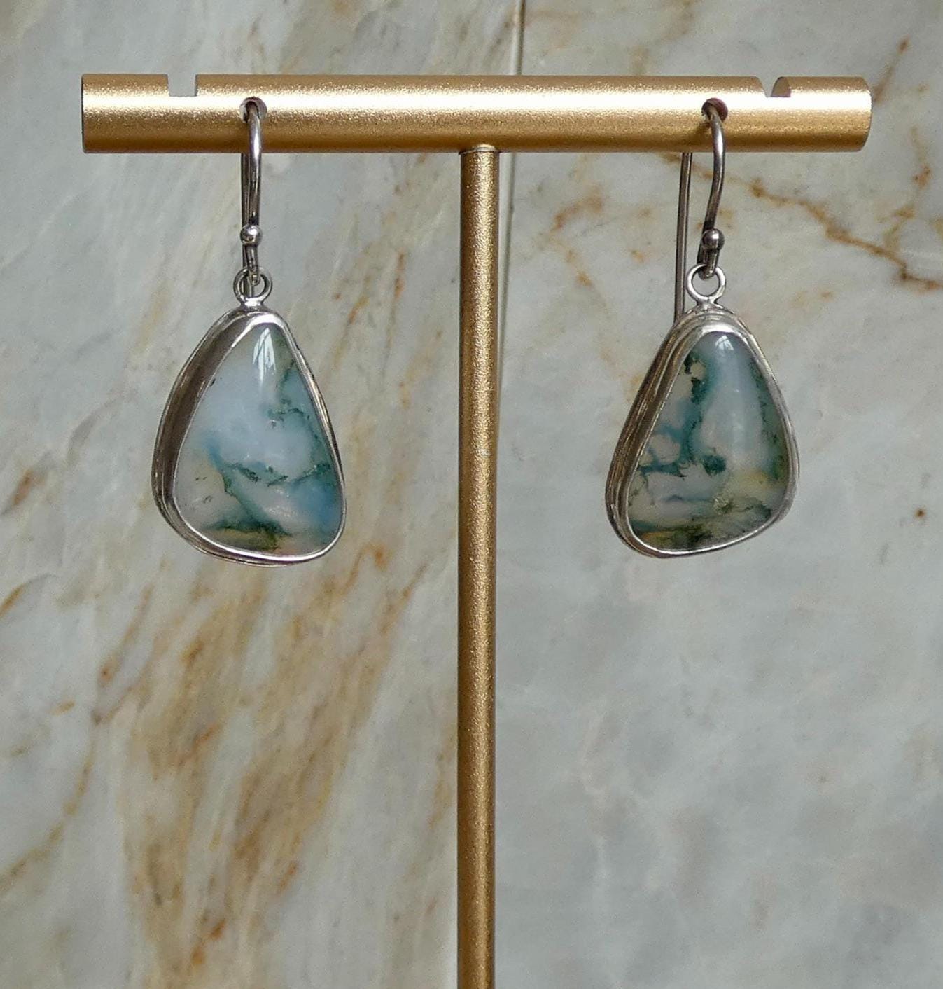 Moss Agate Sterling Silver Drop Earrings – Natural Gemstone Bezel Setting