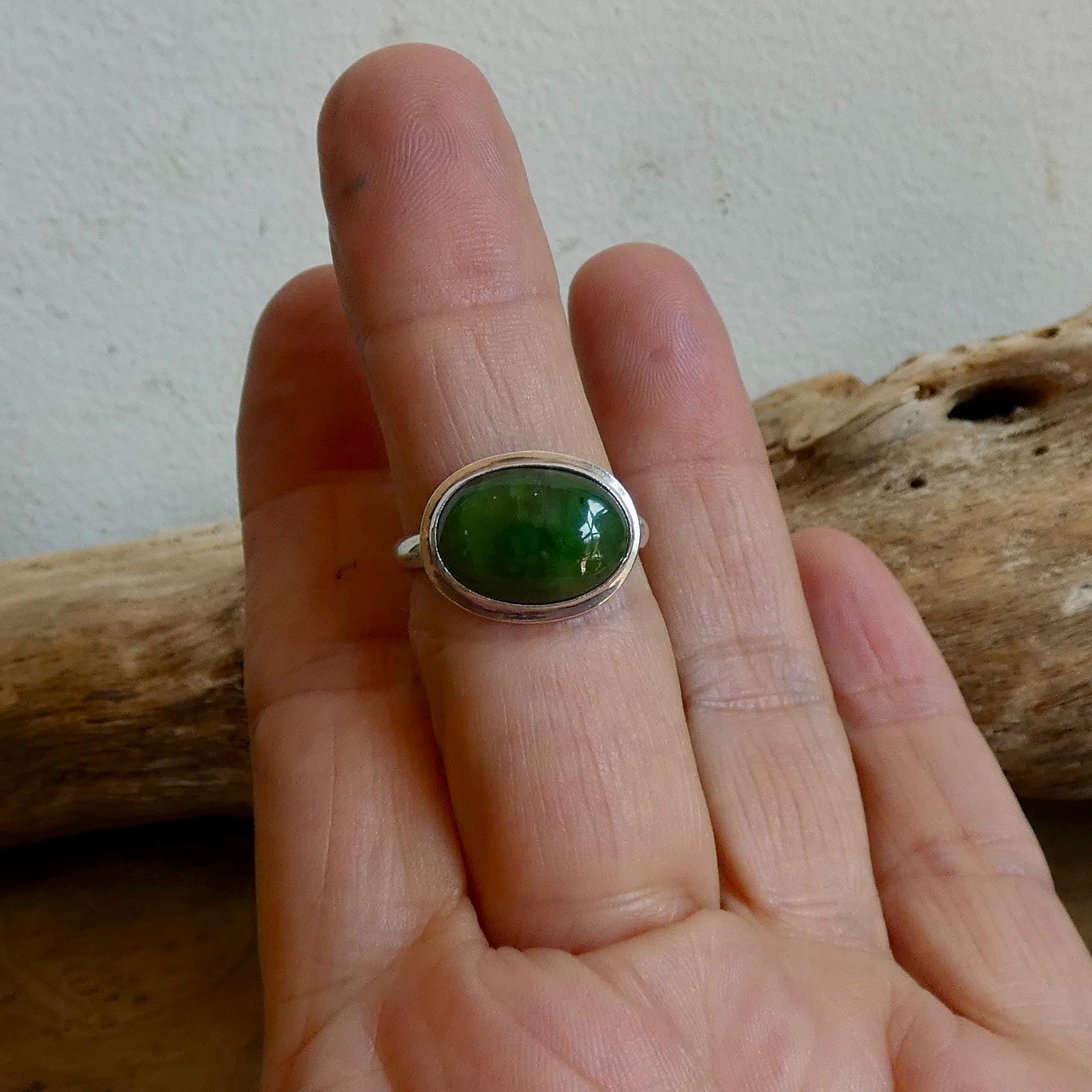 Nephrite Jade Ring - Green East West Oval Ring -.925 Sterling Silver