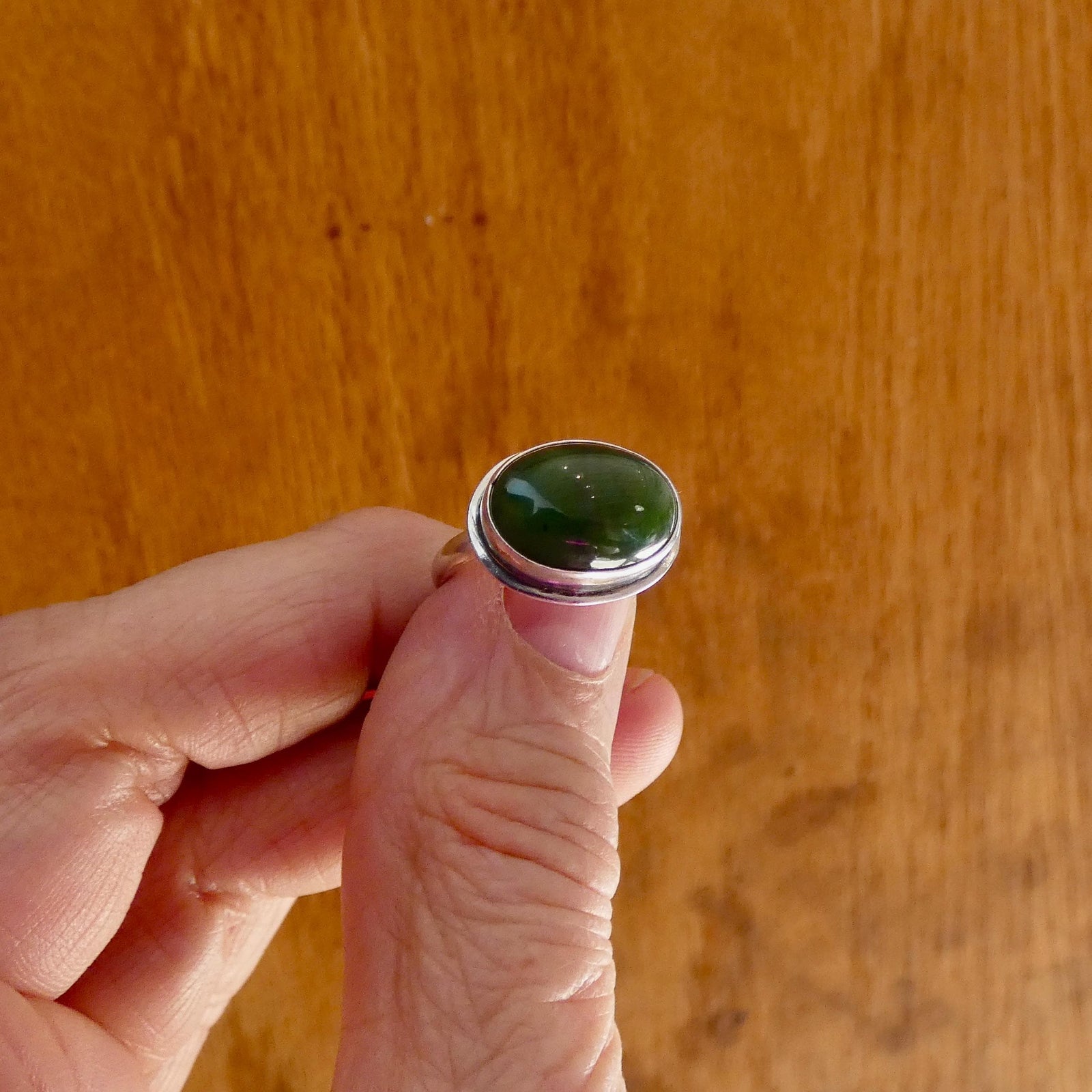 Nephrite Jade Ring - Green East West Oval Ring -.925 Sterling Silver