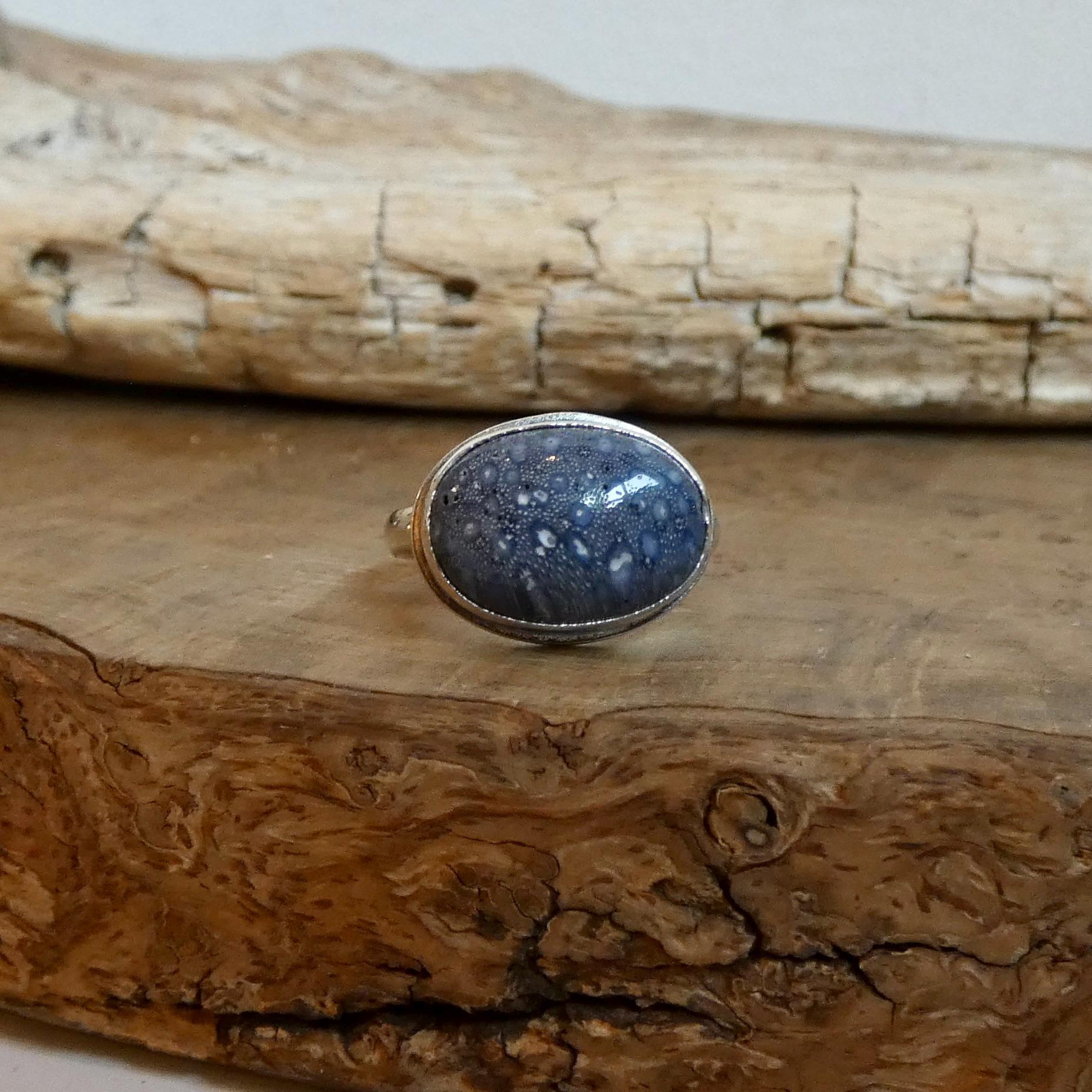 Sterling Silver Blue Sponge Coral Ring – East West Oval Stone