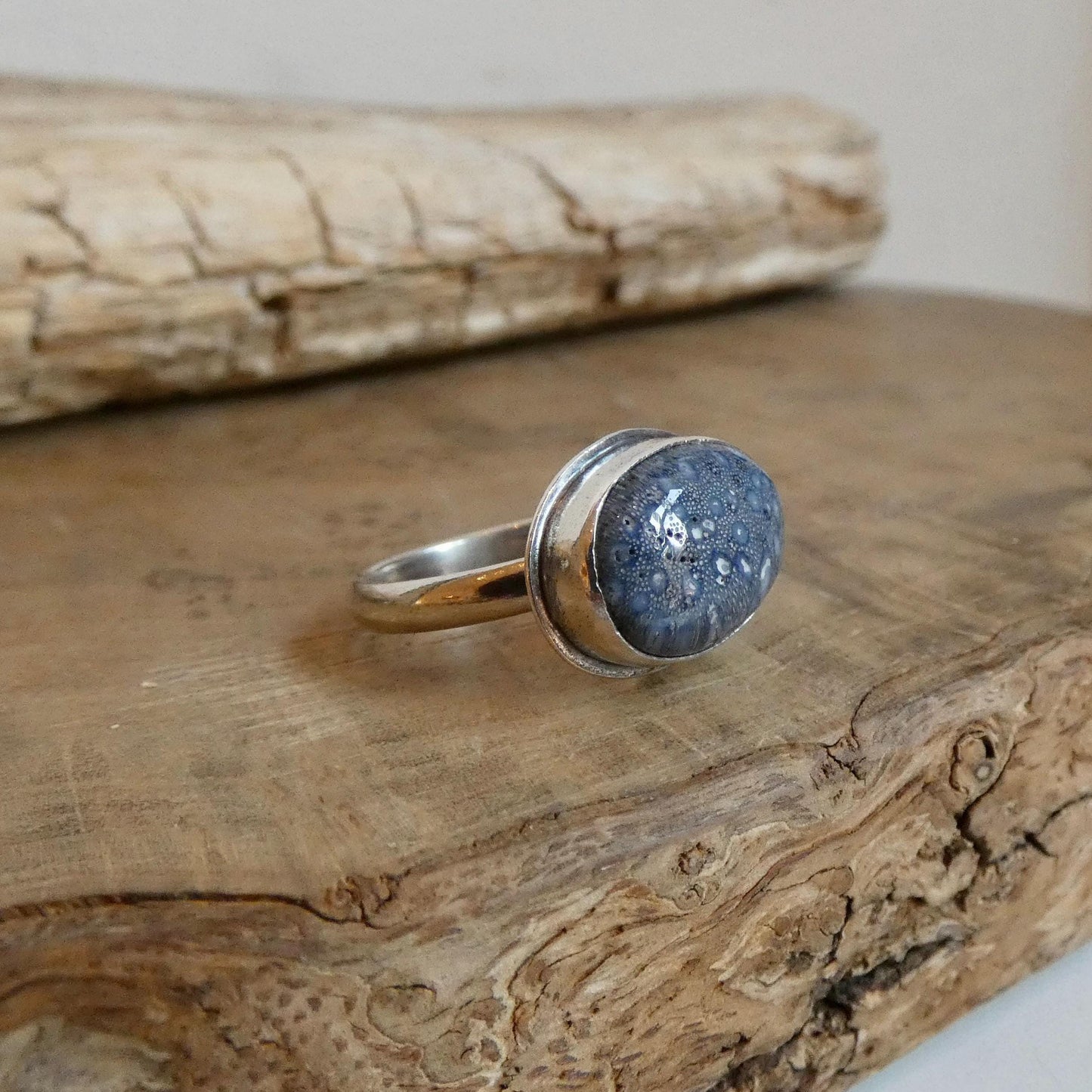 Sterling Silver Blue Sponge Coral Ring – East West Oval Stone