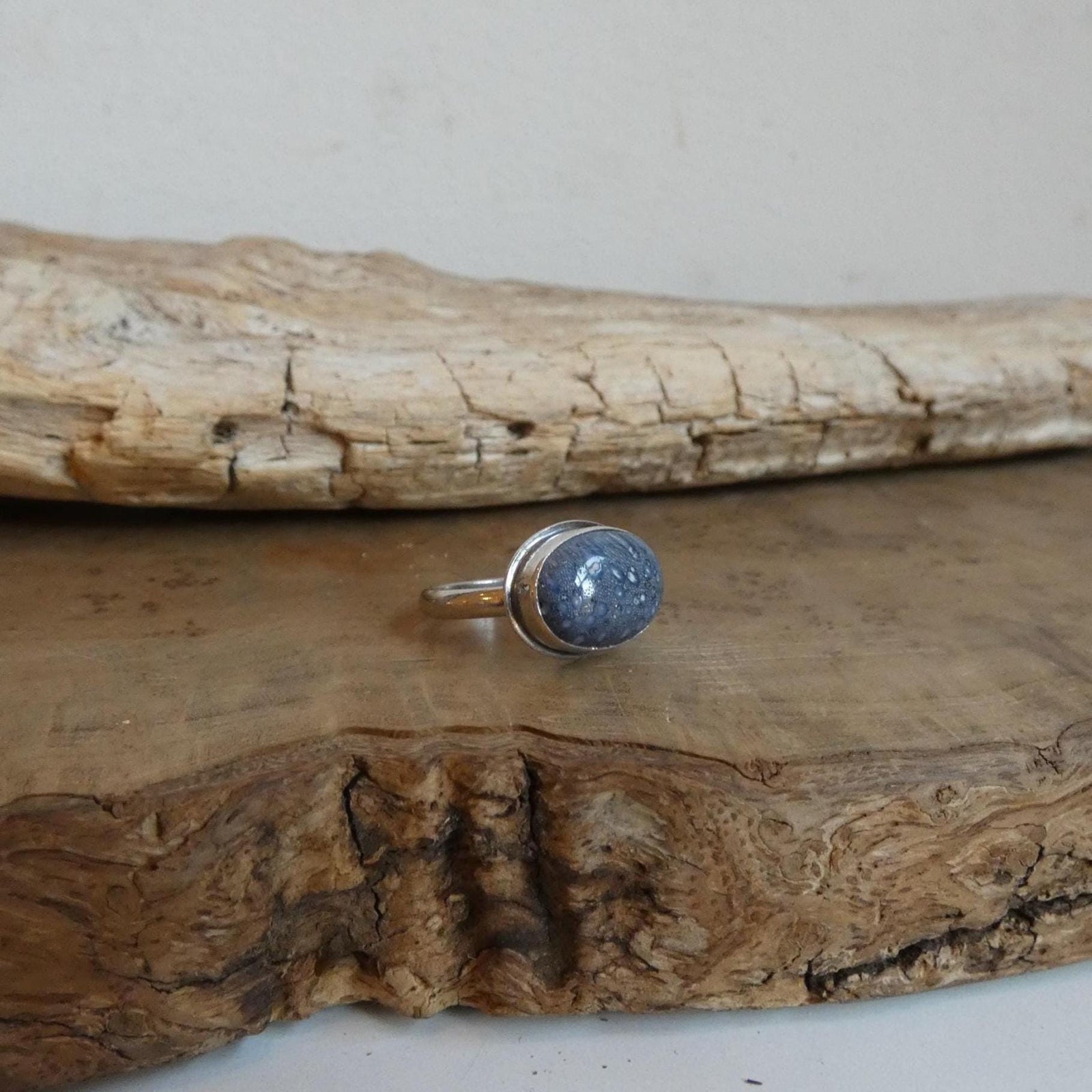 Sterling Silver Blue Sponge Coral Ring – East West Oval Stone