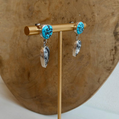 Sterling Silver White Buffalo and Kingman Turquoise Drop Earrings – Choose Your Pair