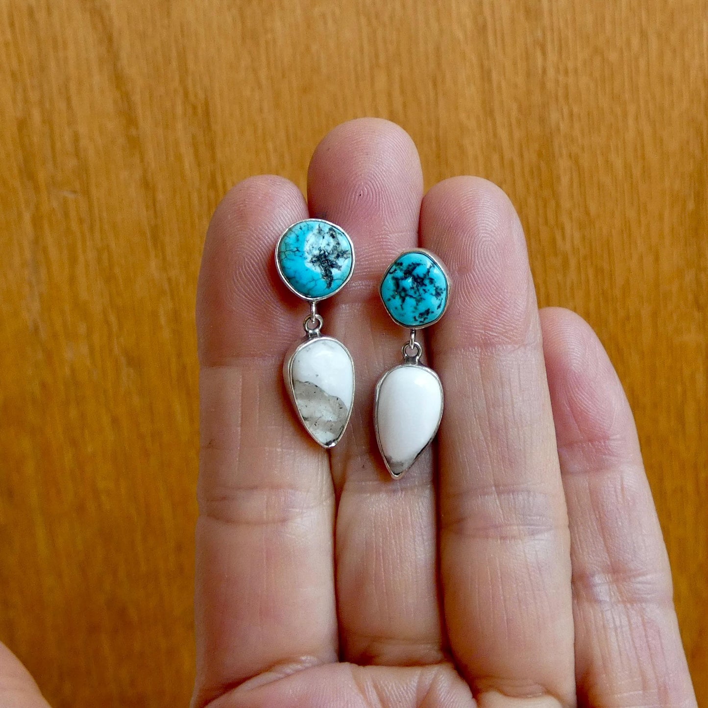 Sterling Silver White Buffalo and Kingman Turquoise Drop Earrings – Choose Your Pair
