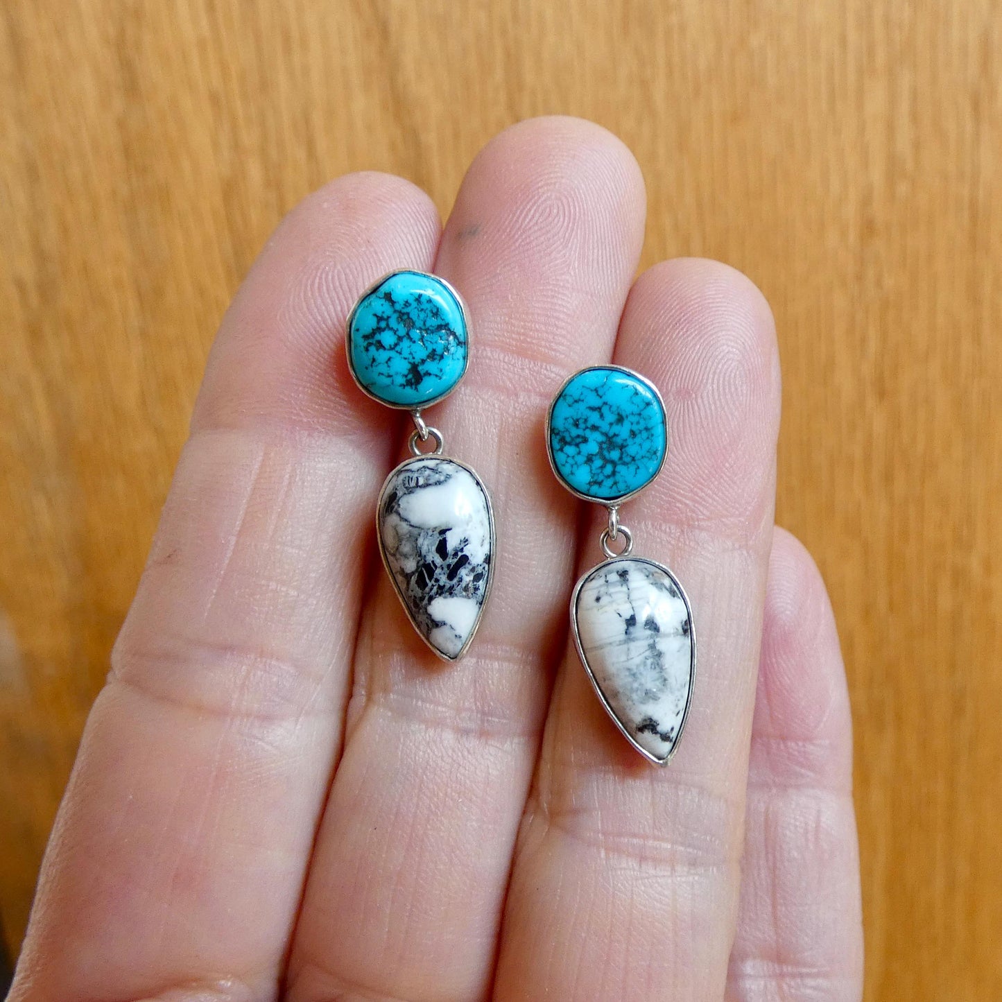 Sterling Silver White Buffalo and Kingman Turquoise Drop Earrings – Choose Your Pair