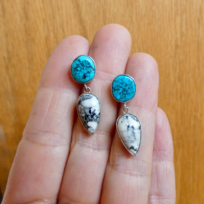 Sterling Silver White Buffalo and Kingman Turquoise Drop Earrings – Choose Your Pair