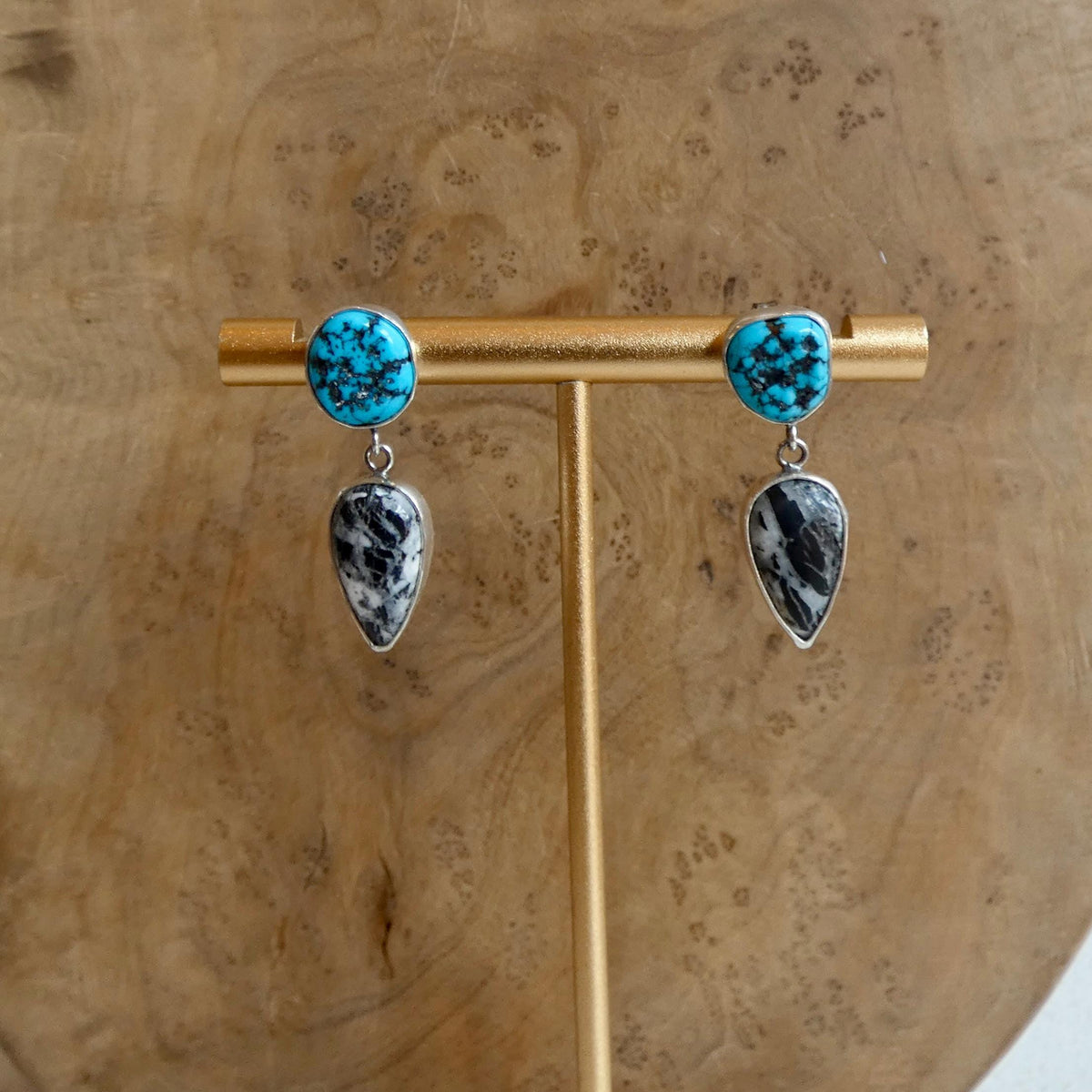 Sterling Silver White Buffalo and Kingman Turquoise Drop Earrings – Choose Your Pair