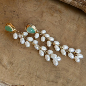 Luxury Jade Earrings with Freshwater Pearl Drapes - 14 KT Gold