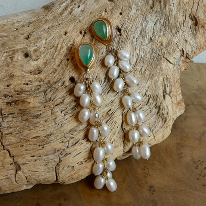 Luxury Jade Earrings with Freshwater Pearl Drapes - 14 KT Gold