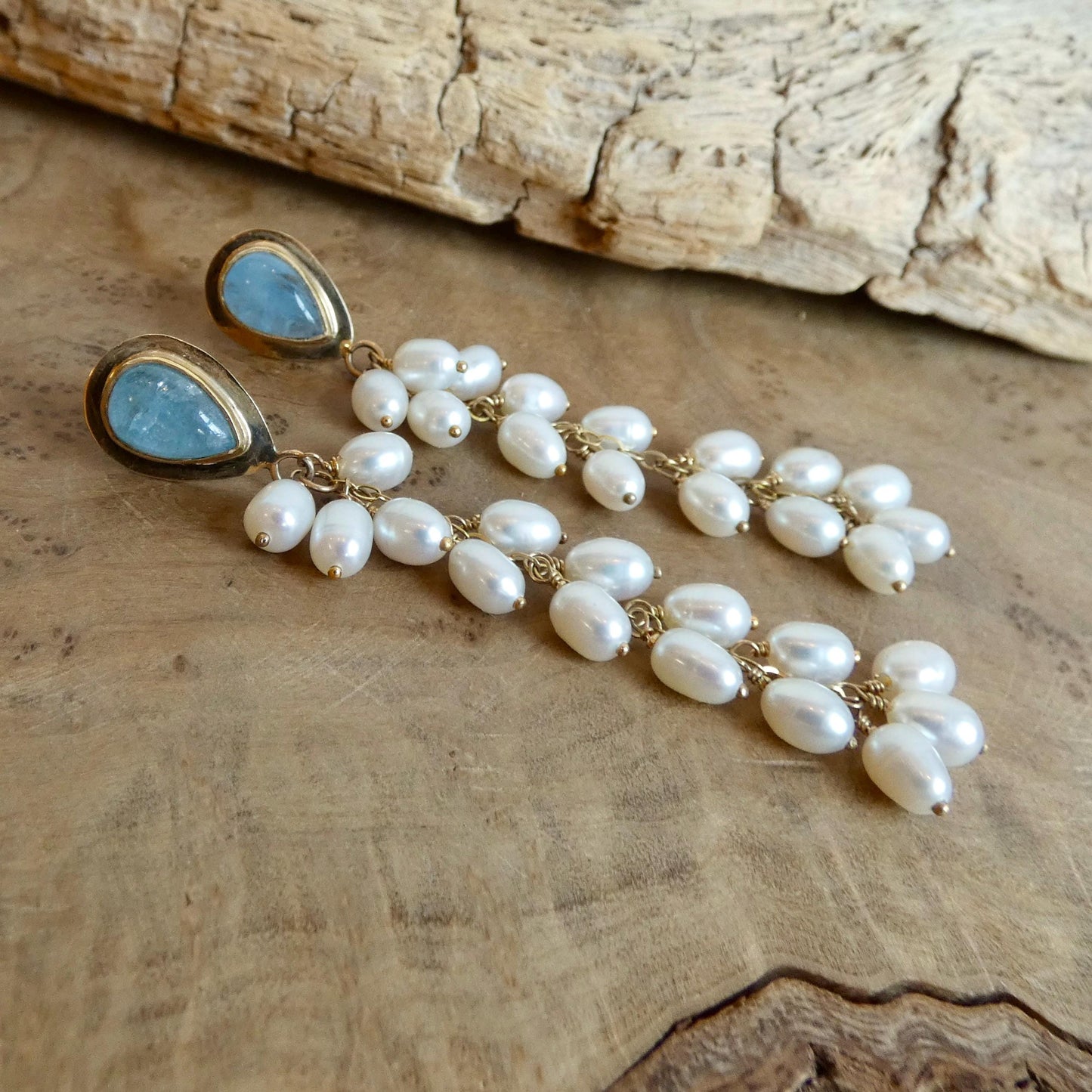 Aquamarine Wedding Earrings with Long Pearl Dangles - 14 KT Gold