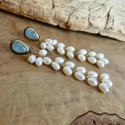 Aquamarine Wedding Earrings with Long Pearl Dangles - 14 KT Gold