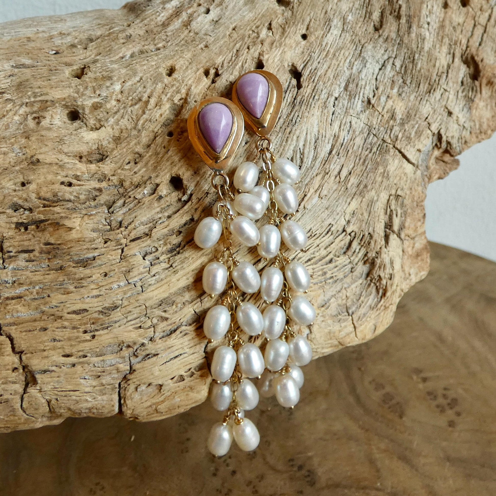 Phosphosiderite Earrings 14KT Gold - Pearl long drops "drapes" earrings - Violet Color