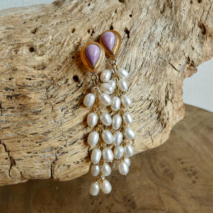 Phosphosiderite Earrings 14KT Gold - Pearl long drops "drapes" earrings - Violet Color