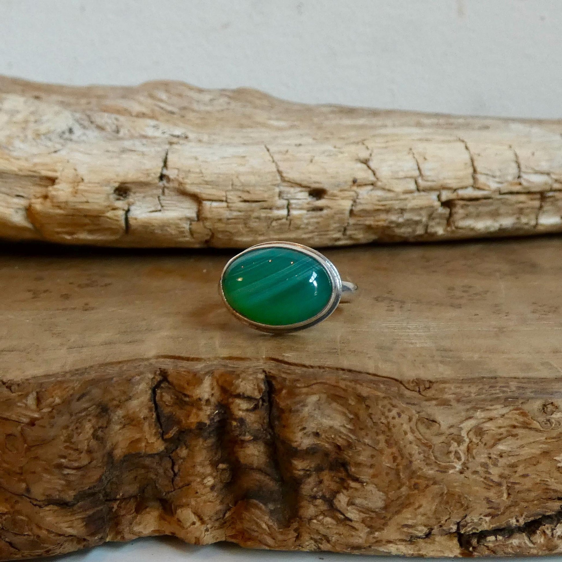 CUSTOM Banded Green Agate East-West oval Ring - Sterling Silver