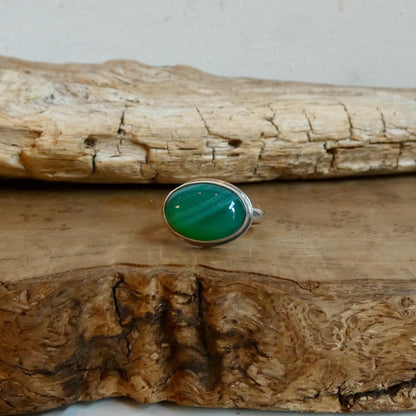 CUSTOM Banded Green Agate East-West oval Ring - Sterling Silver