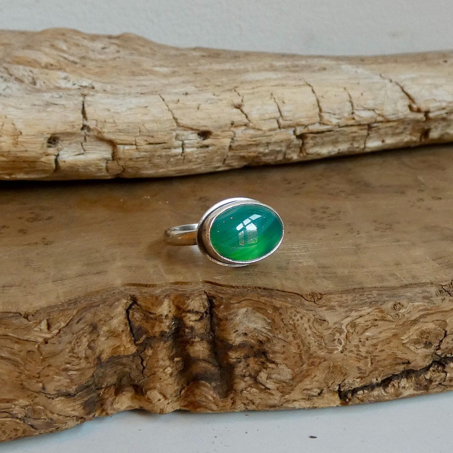 CUSTOM Banded Green Agate East-West oval Ring - Sterling Silver