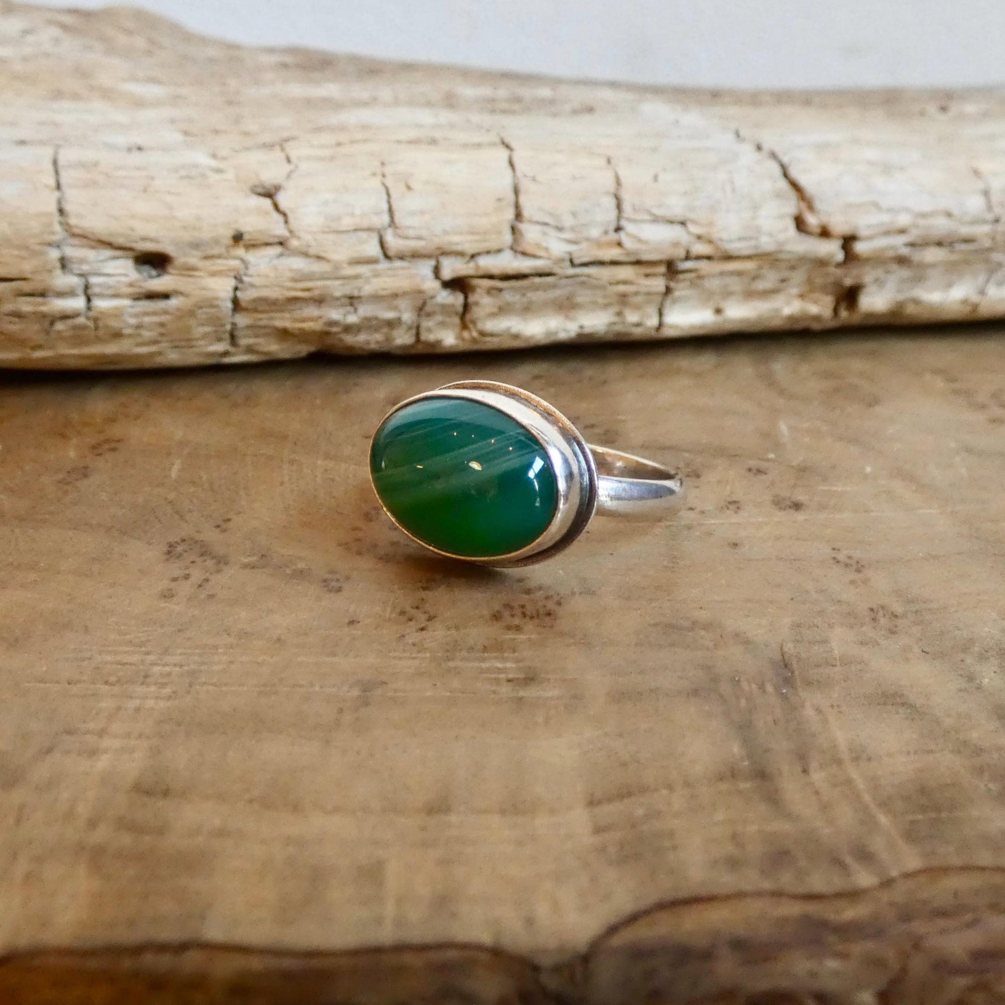 CUSTOM Banded Green Agate East-West oval Ring - Sterling Silver