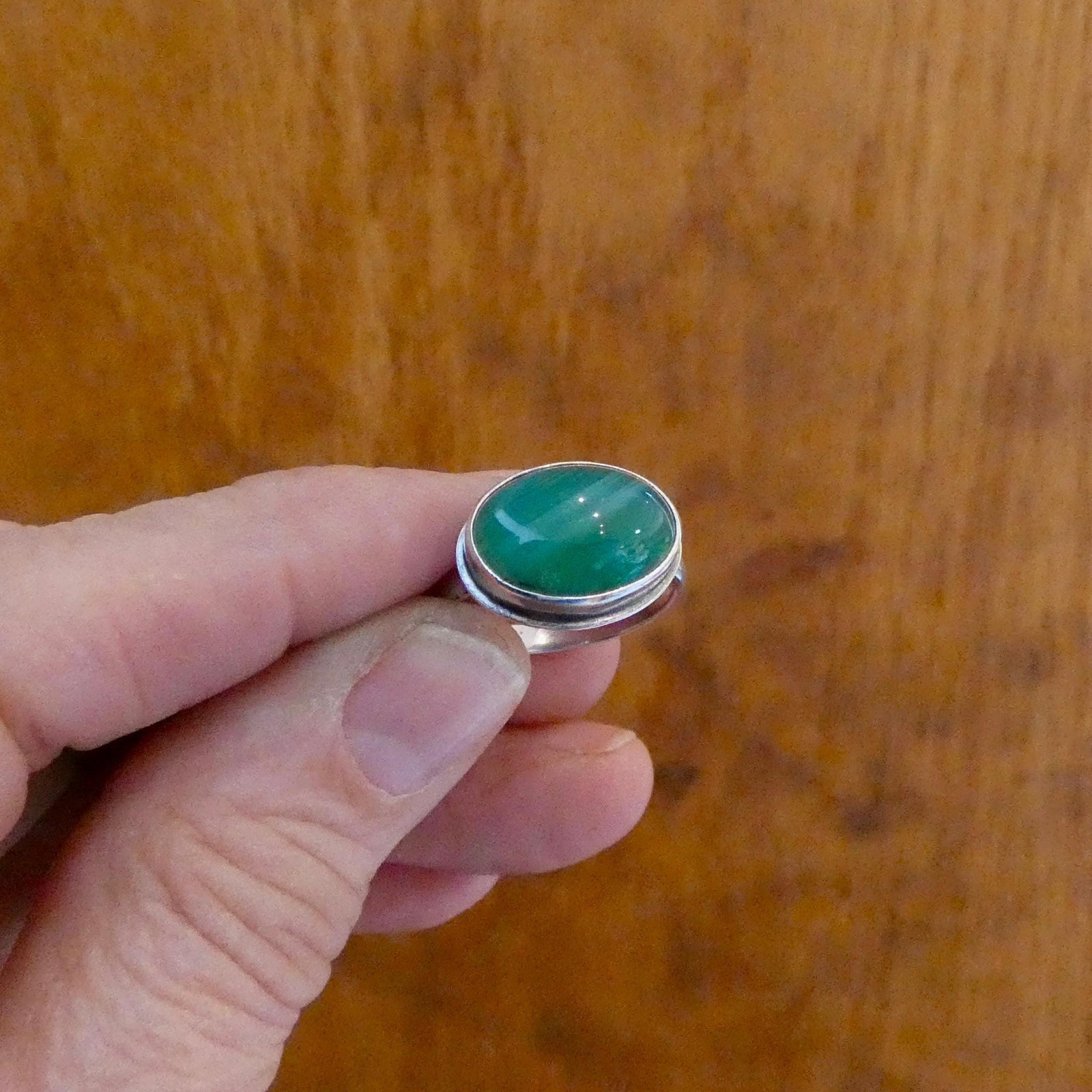 Banded Green Agate East-West oval Ring - Size 7 - Sterling Silver