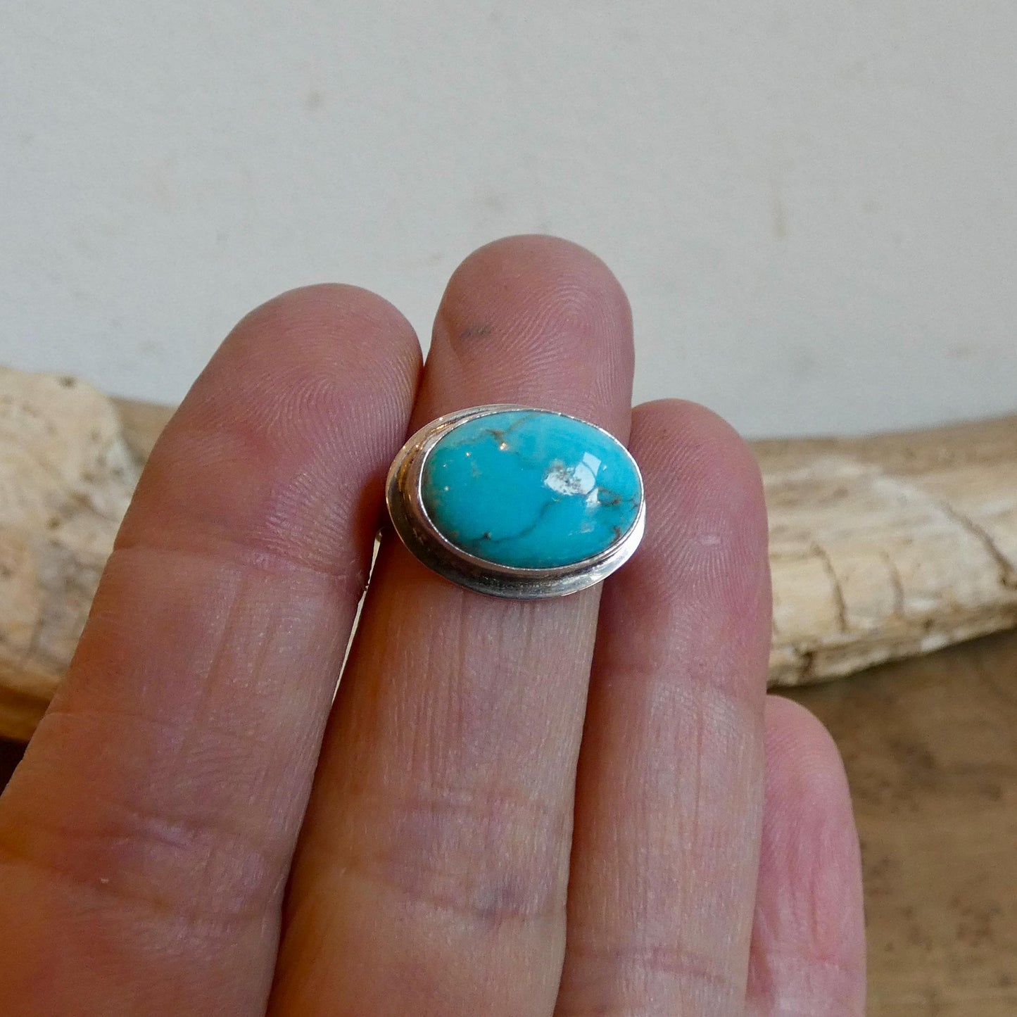 Kingman Turquoise Oval Ring – Sterling Silver East-West Setting Size 5.5