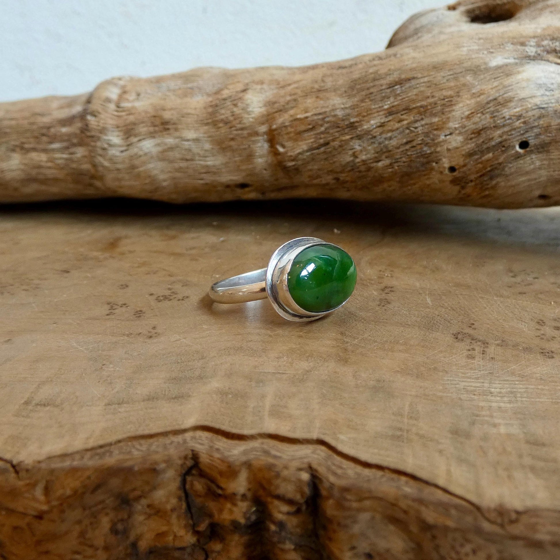 Nephrite Jade Ring - Green East West Oval Ring -.925 Sterling Silver