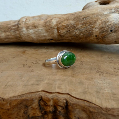 Nephrite Jade Ring - Green East West Oval Ring -.925 Sterling Silver