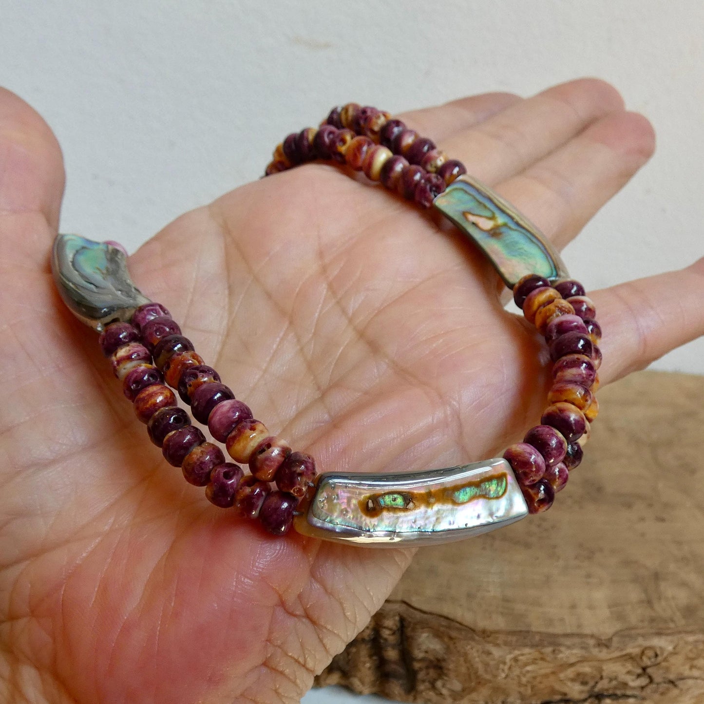 Purple Spiny Oyster Beaded Necklace - Abalone Shell Jewelry - .999 Silver