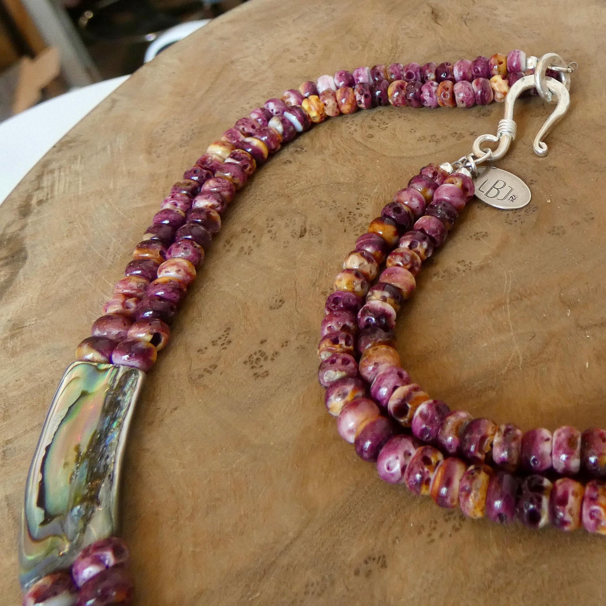 Purple Spiny Oyster Beaded Necklace - Abalone Shell Jewelry - .999 Silver