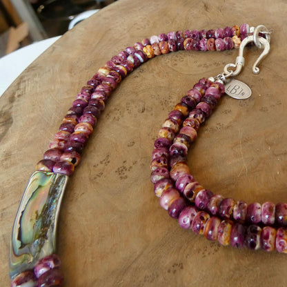 Purple Spiny Oyster Beaded Necklace - Abalone Shell Jewelry - .999 Silver