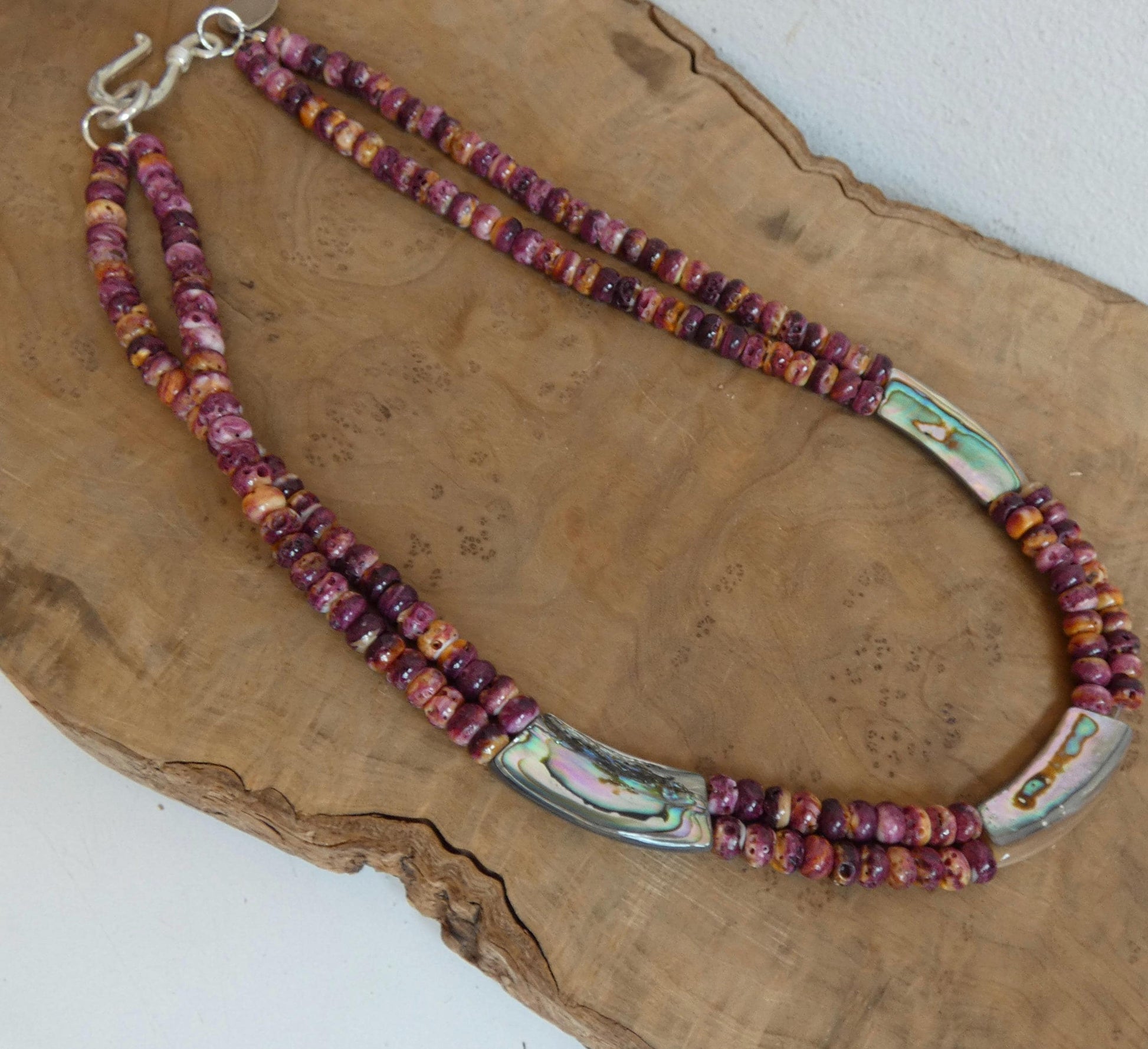 Purple Spiny Oyster Beaded Necklace - Abalone Shell Jewelry - .999 Silver