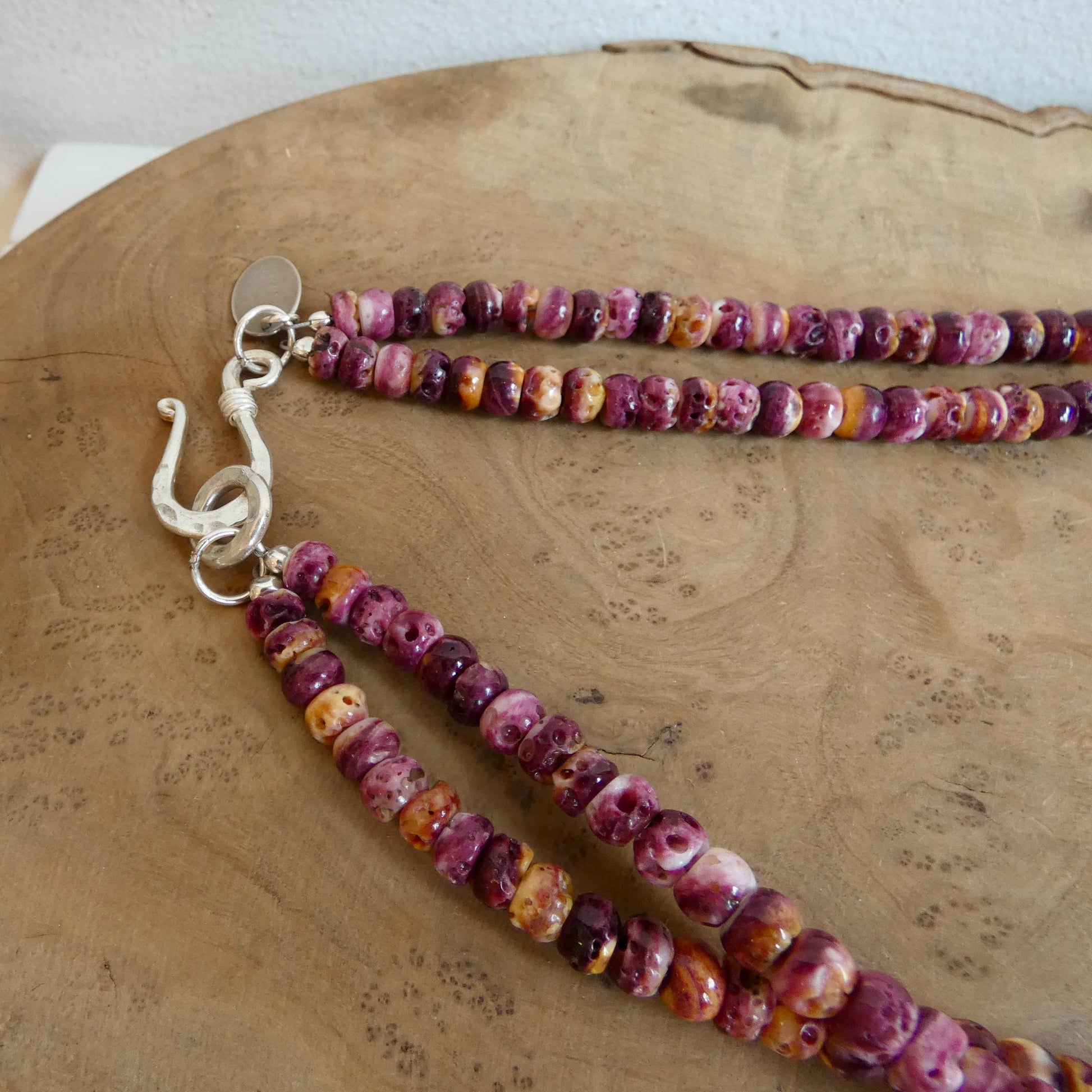 Purple Spiny Oyster Beaded Necklace - Abalone Shell Jewelry - .999 Silver