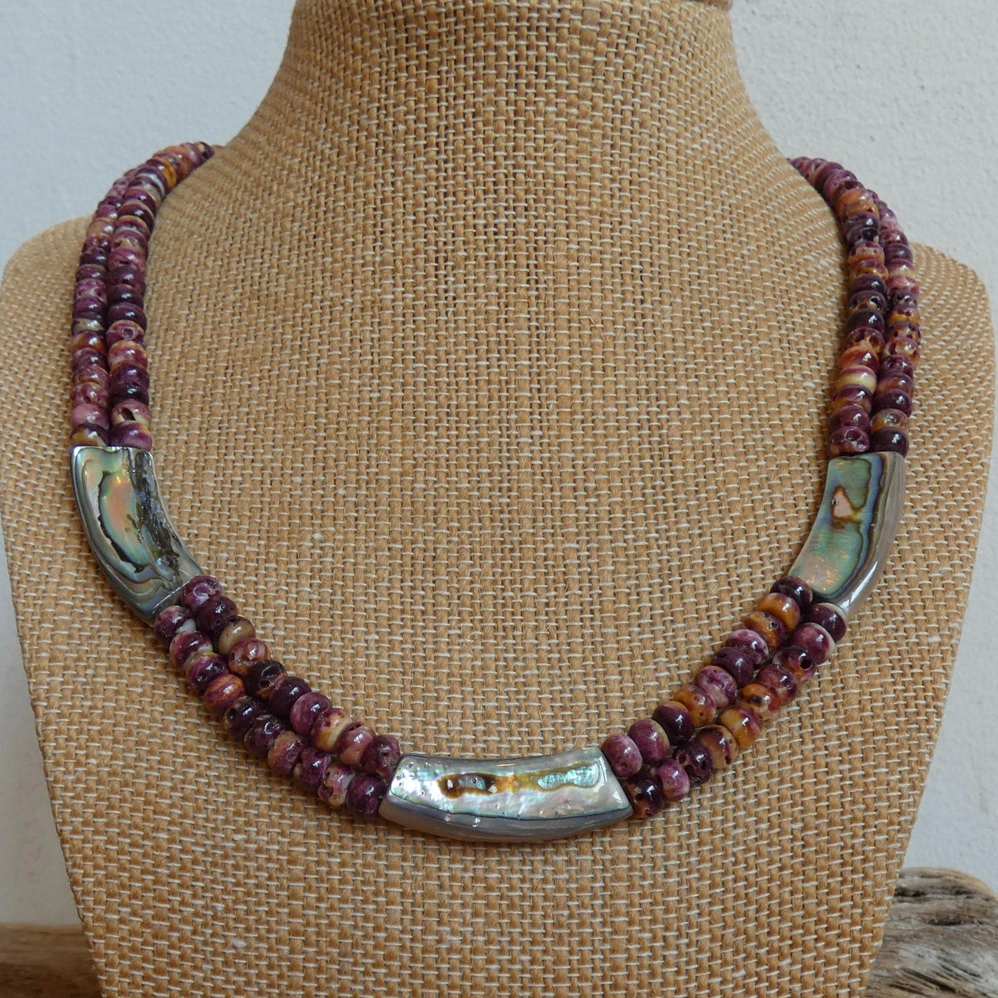 Purple Spiny Oyster Beaded Necklace - Abalone Shell Jewelry - .999 Silver