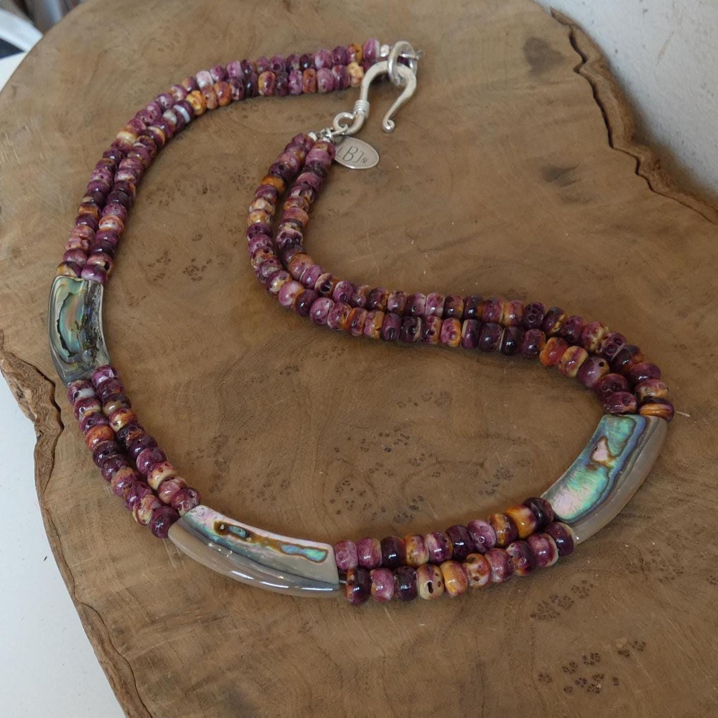 Purple Spiny Oyster Beaded Necklace - Abalone Shell Jewelry - .999 Silver