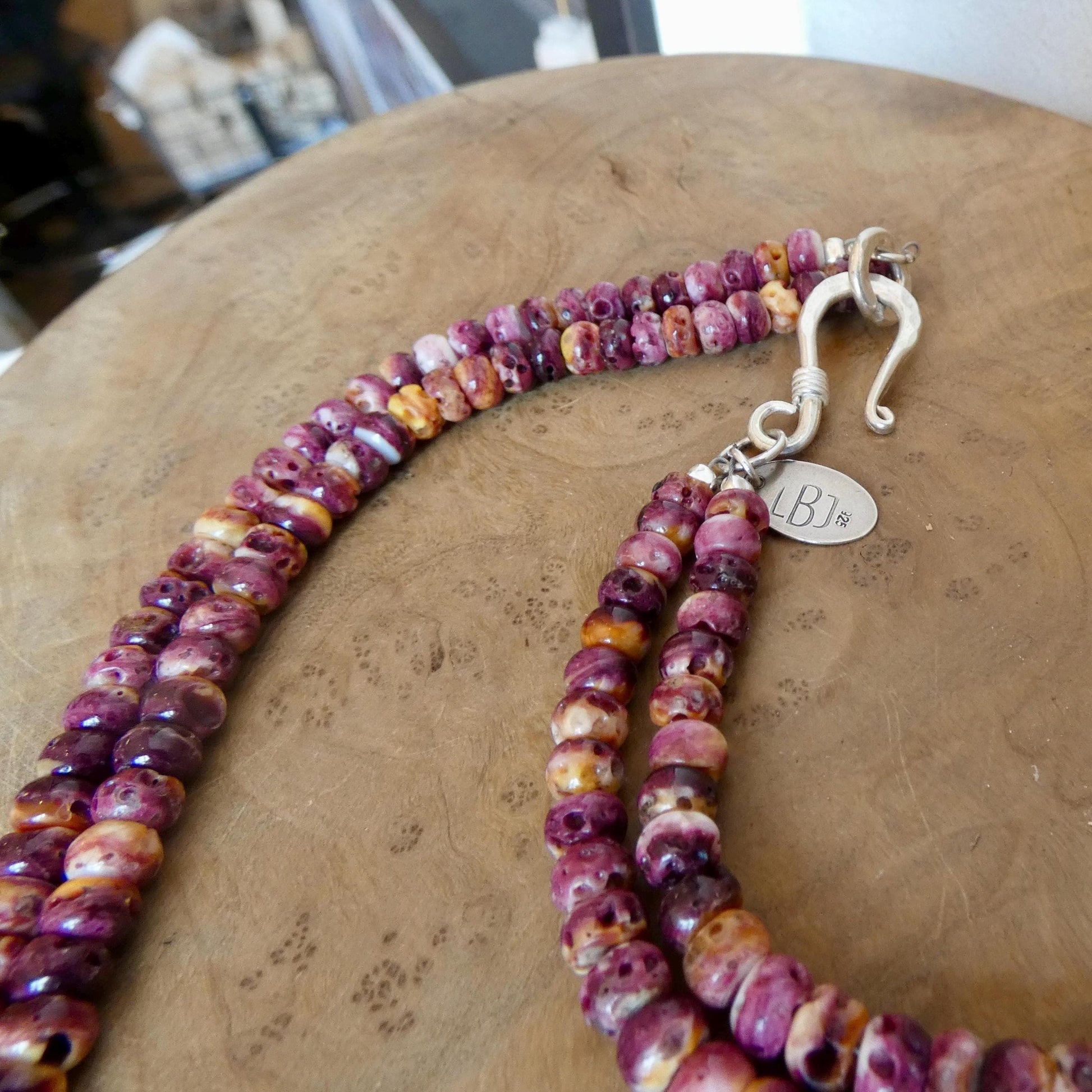 Purple Spiny Oyster Beaded Necklace - Abalone Shell Jewelry - .999 Silver