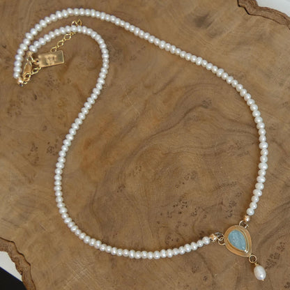 Aquamarine Necklace in 14 KT Gold - Pearl necklace