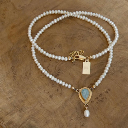 Aquamarine Necklace in 14 KT Gold - Pearl necklace