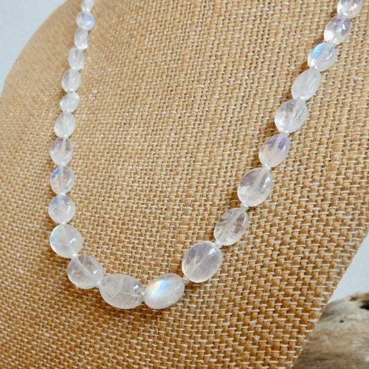 Rainbow Moonstone and Pearl Beaded Necklace - Graduated Beads