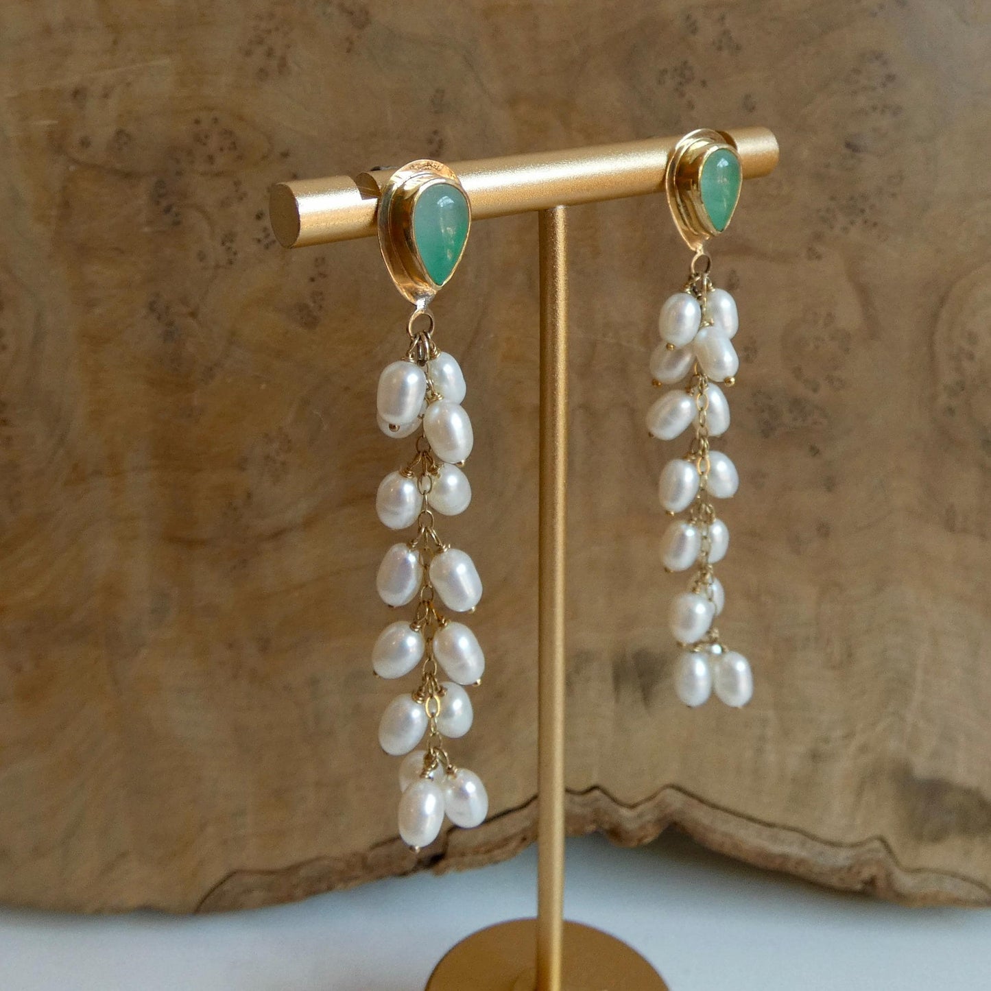 Luxury Jade Earrings with Freshwater Pearl Drapes - 14 KT Gold