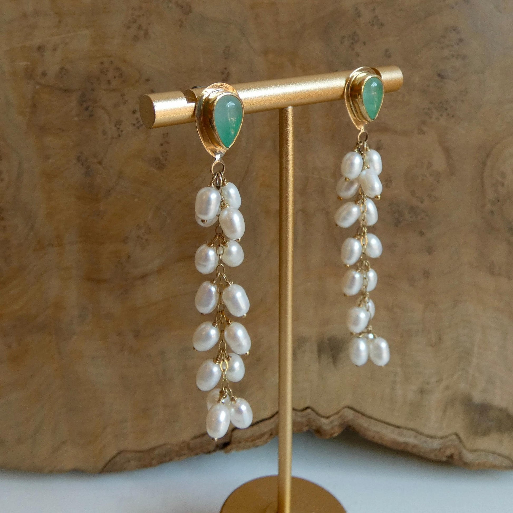 Luxury Jade Earrings with Freshwater Pearl Drapes - 14 KT Gold