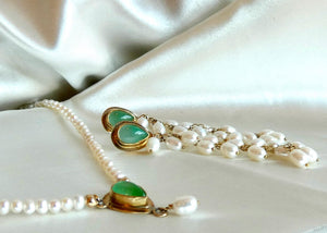 Luxury Jade Earrings with Freshwater Pearl Drapes - 14 KT Gold