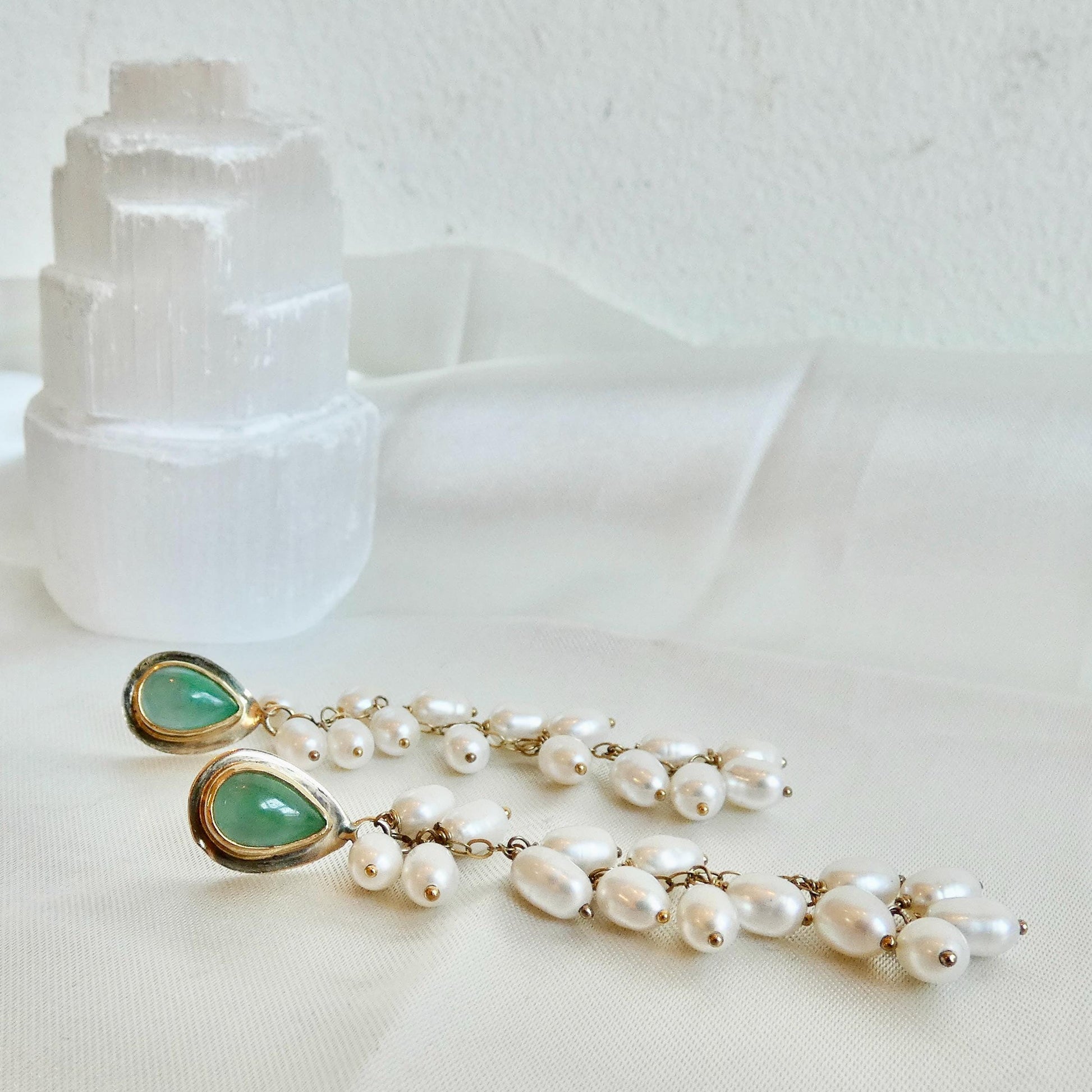 Luxury Jade Earrings with Freshwater Pearl Drapes - 14 KT Gold