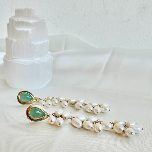 Luxury Jade Earrings with Freshwater Pearl Drapes - 14 KT Gold