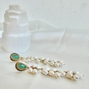 Luxury Jade Earrings with Freshwater Pearl Drapes - 14 KT Gold