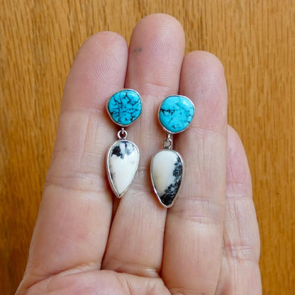 Sterling Silver White Buffalo and Kingman Turquoise Drop Earrings – Choose Your Pair