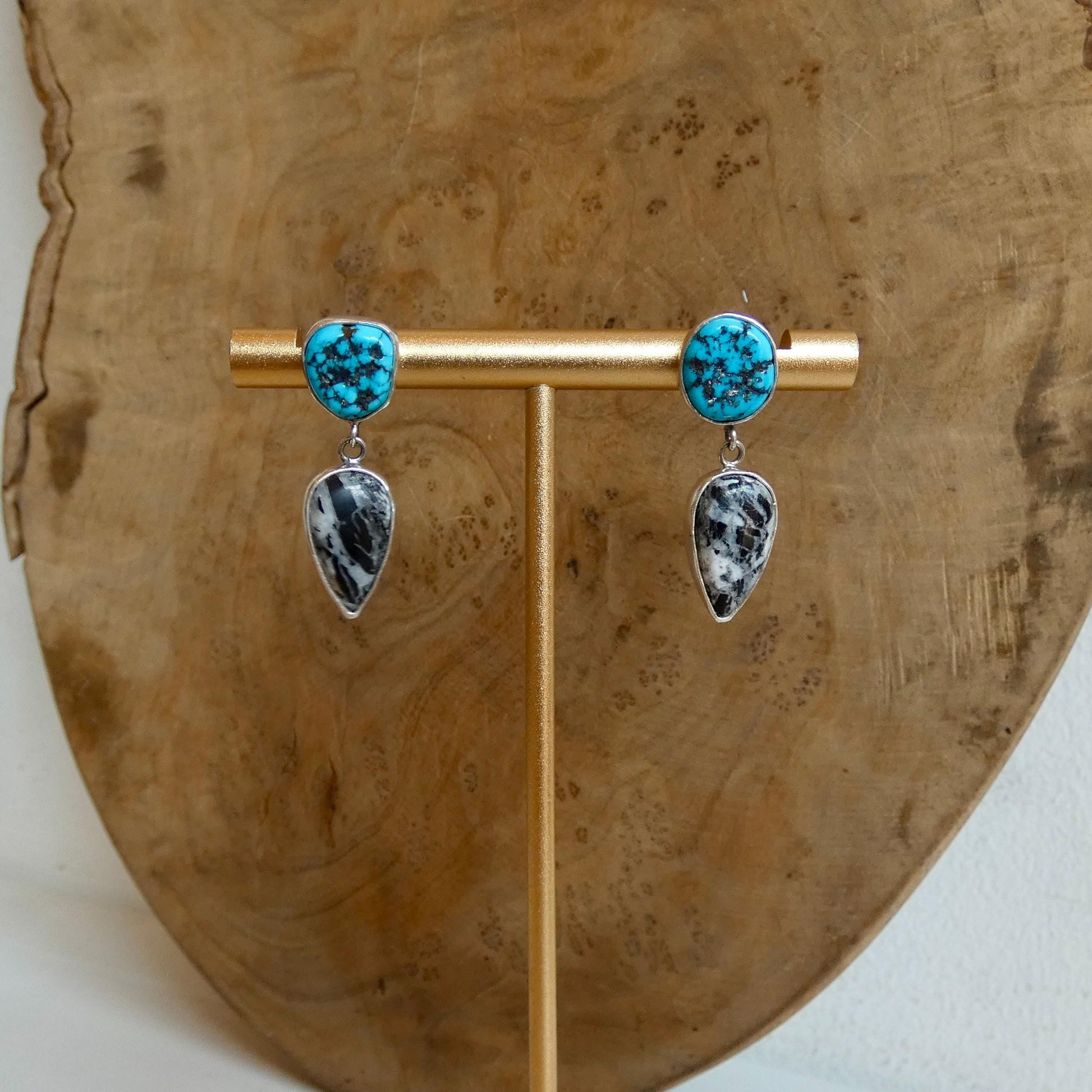 Sterling Silver White Buffalo and Kingman Turquoise Drop Earrings – Choose Your Pair