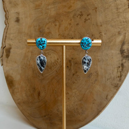 Sterling Silver White Buffalo and Kingman Turquoise Drop Earrings – Choose Your Pair