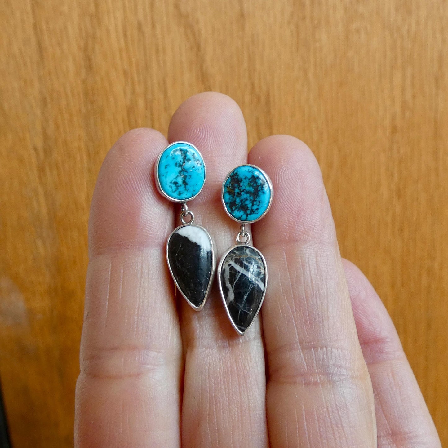 Sterling Silver White Buffalo and Kingman Turquoise Drop Earrings – Choose Your Pair