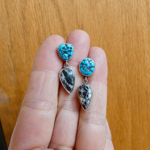Sterling Silver White Buffalo and Kingman Turquoise Drop Earrings – Choose Your Pair